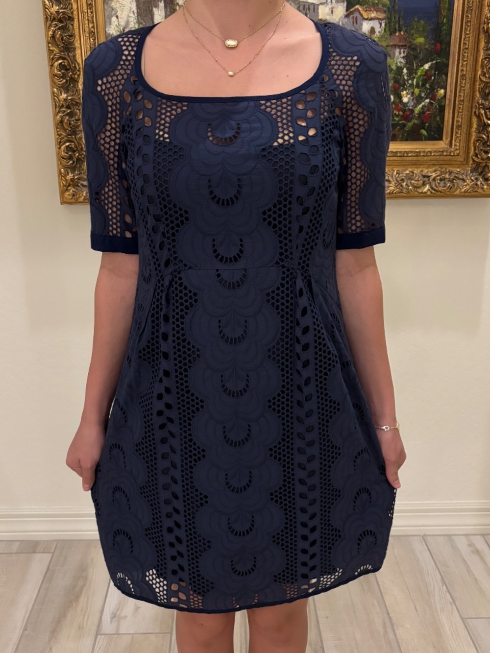 Nanette Lepore Blue Guipure Lace Scalloped Sheath Dress - Square Neck - Size 8